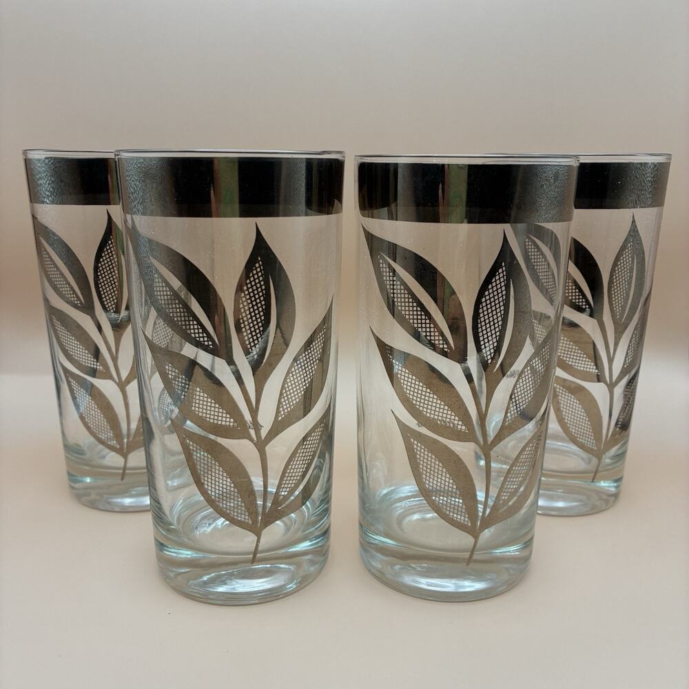 Set of 4 Utd Glass Silver Leaf Tumblers 5.5” Tall Hollywood Regency MCM Barware